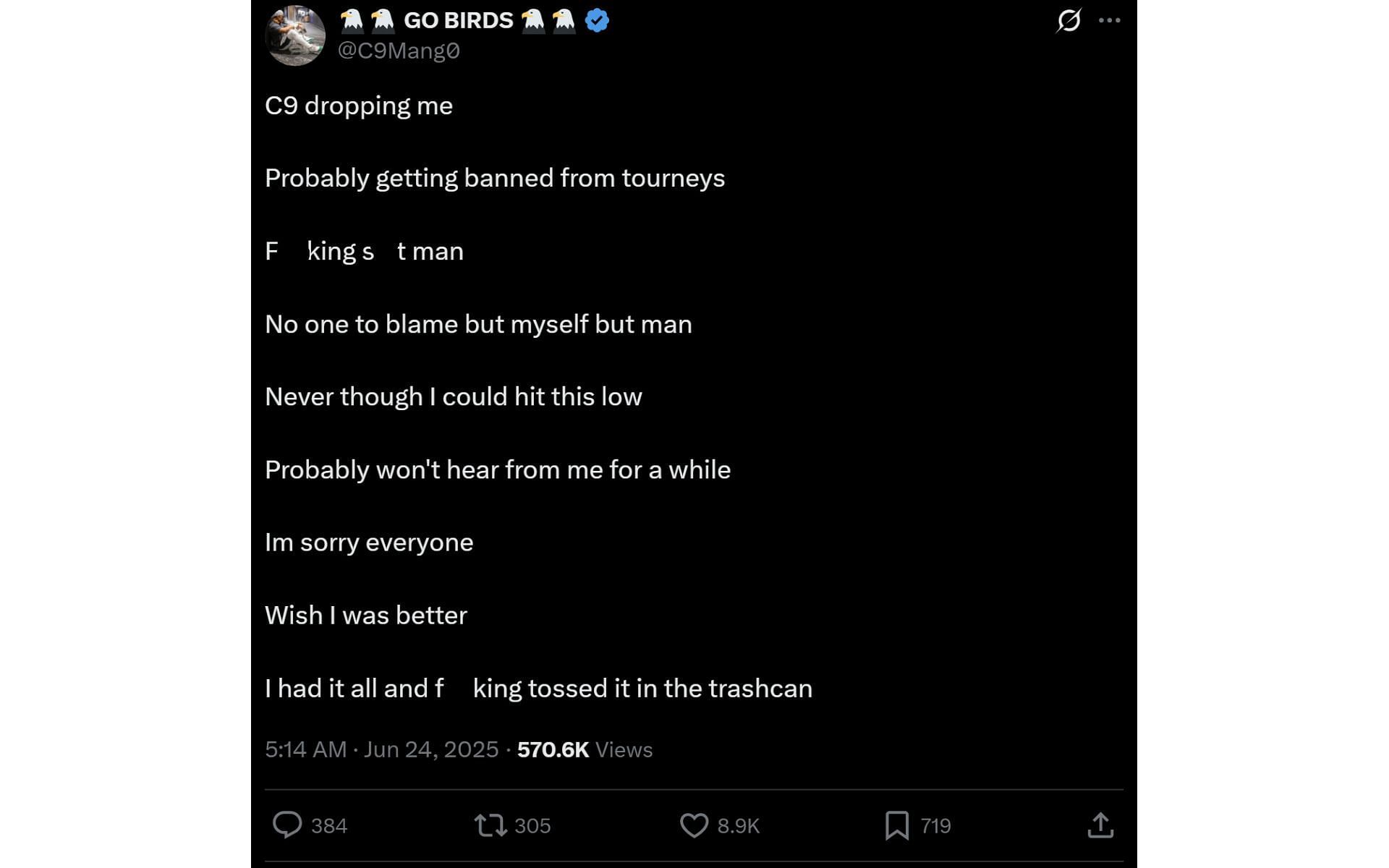 The Super Smash Bros. Melee professional's X post after Cloud9 released him following recent controversy (Image via x.com/C9Mang0)